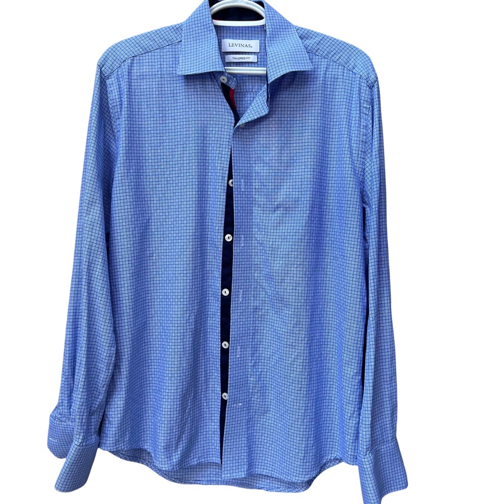 Levinas Mens Tailored Fit Non-Iron Cotton Dress Shirt Blue Micro Check 15/15.5 M
